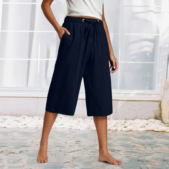Simua Wide Leg Cotton Linen Cropped Pants for Women Summer Capri Pants Casual Loose Drawstring High Waist Trousers with Pockets