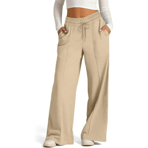 Simua Wide Leg Twill Sweatpants for Women Fashion Casual Solid Color Elastic Waist Loose Drawstring Baggy Trousers with Pocket