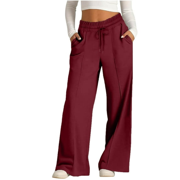 Simua Wide Leg Twill Sweatpants for Women Fashion Casual Solid Color Elastic Waist Loose Drawstring Baggy Trousers with Pocket