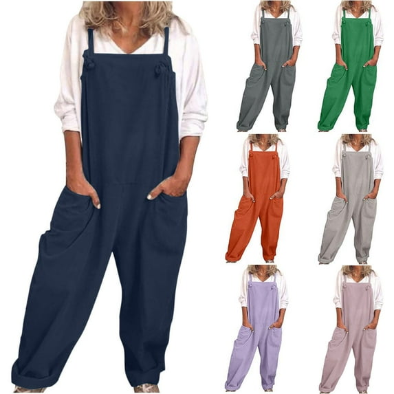 Simua Women Baggy Sleeveless Slip Cotton Linen Jumpsuit Loose Long Romper Harem Pants Overalls Dungaree Outfit Pocket
