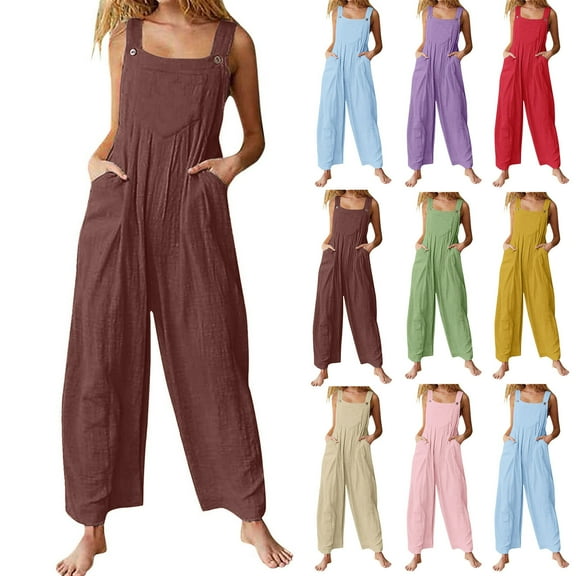Simua Women Baggy Sleeveless Slip Cotton Linen Jumpsuit Loose Long Romper Harem Pants Overalls Dungaree Outfit Pocket