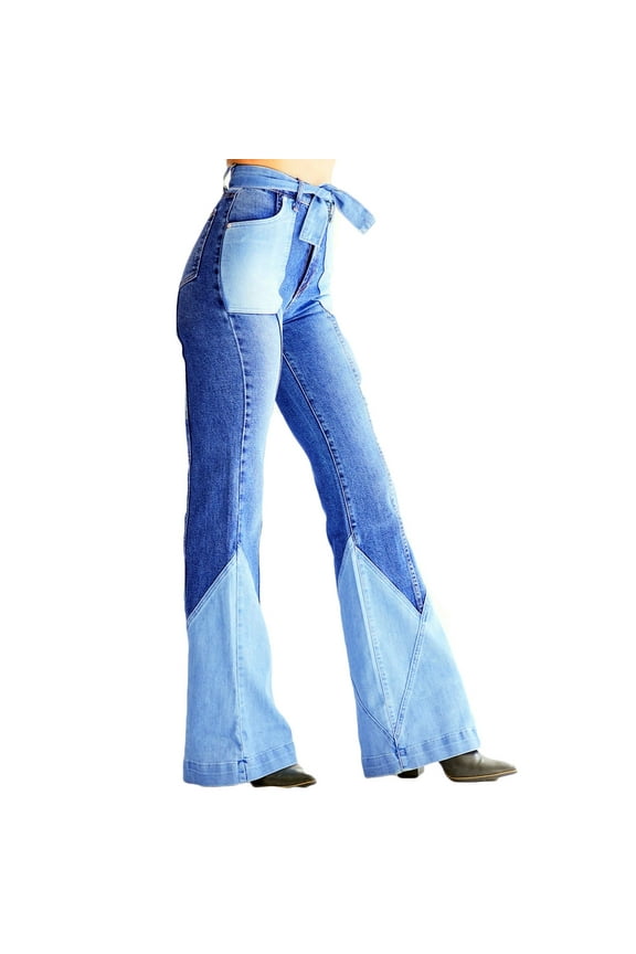 Women Frayed Patch Jeans High Waist Hem Colorblock Patchwork Denim Y2k Boyfriend Pants