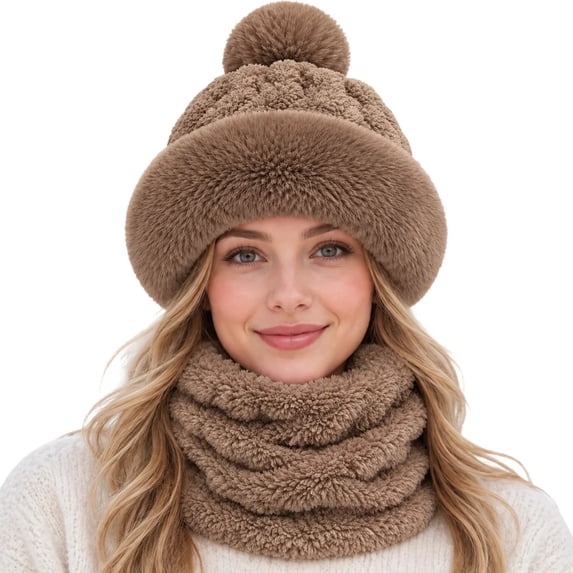 Simua Women Fuzzy Winter Hat Neck Warmer Set Plush Bucket Hat Neck Wrap ...