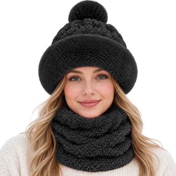 Simua Women Fuzzy Winter Hat Neck Warmer Set Plush Bucket Hat Neck Wrap ...