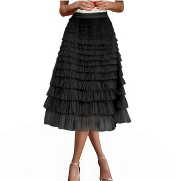 Simua Women Layered Tiered Tulle Maxi Skirt Sheer Mesh A Line Skirt Flared Elastic Waist Long Cake Skirt Party