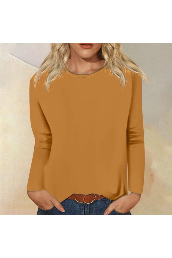 Women Long Sleeve T Shirts Crewneck Basic Casual Slim Fitted Knit Tops 2024 Casual Undershirts Tee Gold,XL