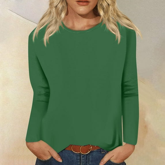 Simua Women Long Sleeve T Shirts Crewneck Basic Casual Slim Fitted Knit Tops 2024 Casual Undershirts Tee Green,XL