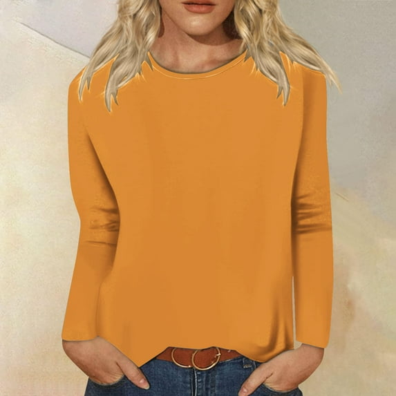 Simua Women Long Sleeve T Shirts Crewneck Basic Casual Slim Fitted Knit Tops 2024 Casual Undershirts Tee Yellow,L