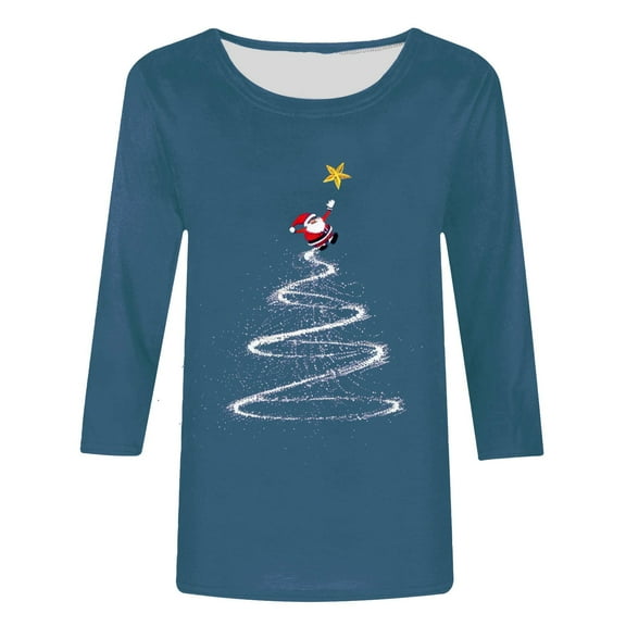 Simua Women Merry Christmas 3/4 Sleeve Pullover Tops Cute Xmas Tree Tshirts Crewneck Blouse Soft Holiday Tees