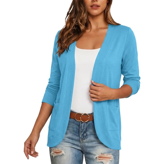 Simua Women Open Front Cardigan Knit Jacket Three Quarter Sleeve Tops V Neck Dual Side Pocket Curved Hem Solid Soft Knit Outerwear