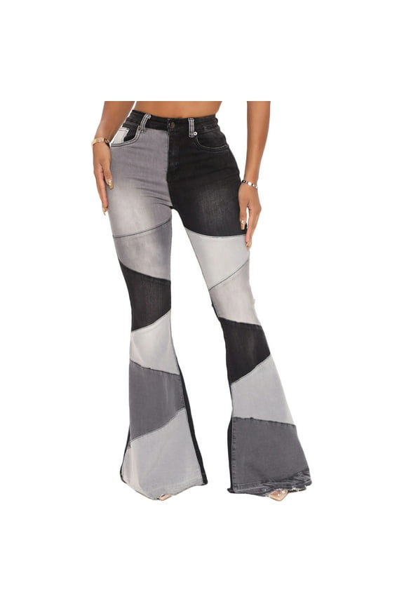 Simua Women Patchwork Flare Jeans Stretch High Waisted Bell Bottom Color Block Denim Pants