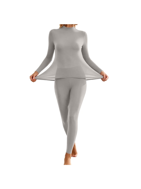 Women Seamless Thermal Underwear Set Mock Neck Long Sleeve Solid Color 2 Piece Base Layer Daily Wear