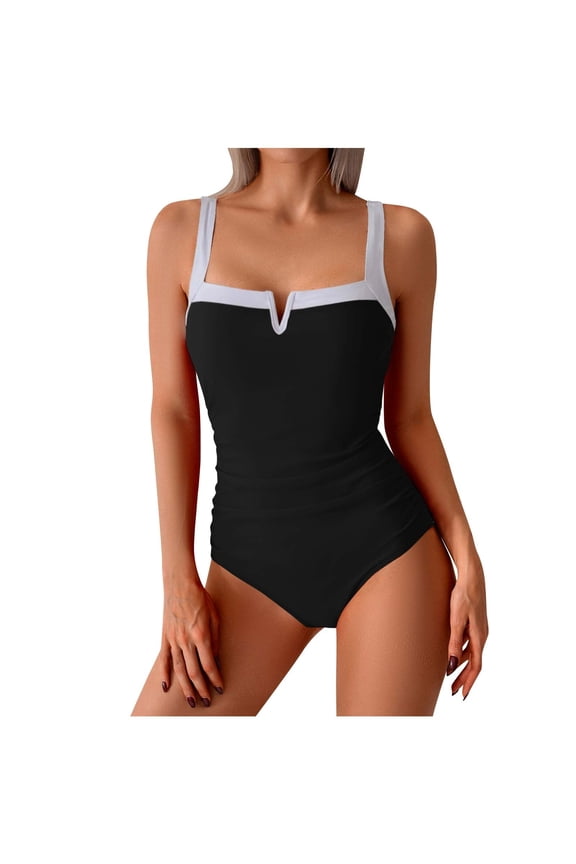 Simua Women Slimming Tummy Control One Piece Swimsuits V Neck Crisscross Back Color Block Bathing Suit for Beach Pool Party