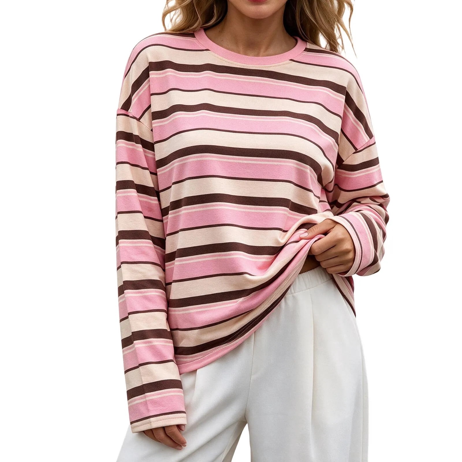 Simua Women Striped Tee Crew Neck Tops Long Sleeve Shirt Relaxed Cut ...