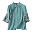 thumbnail image 1 of Simua Women Summer 3/4 Sleeve Chinese Blouse Top Traditional Mandarin Collar Ethnic Cotton Linen Qipao Shir Blue,XXXL5, 1 of 4