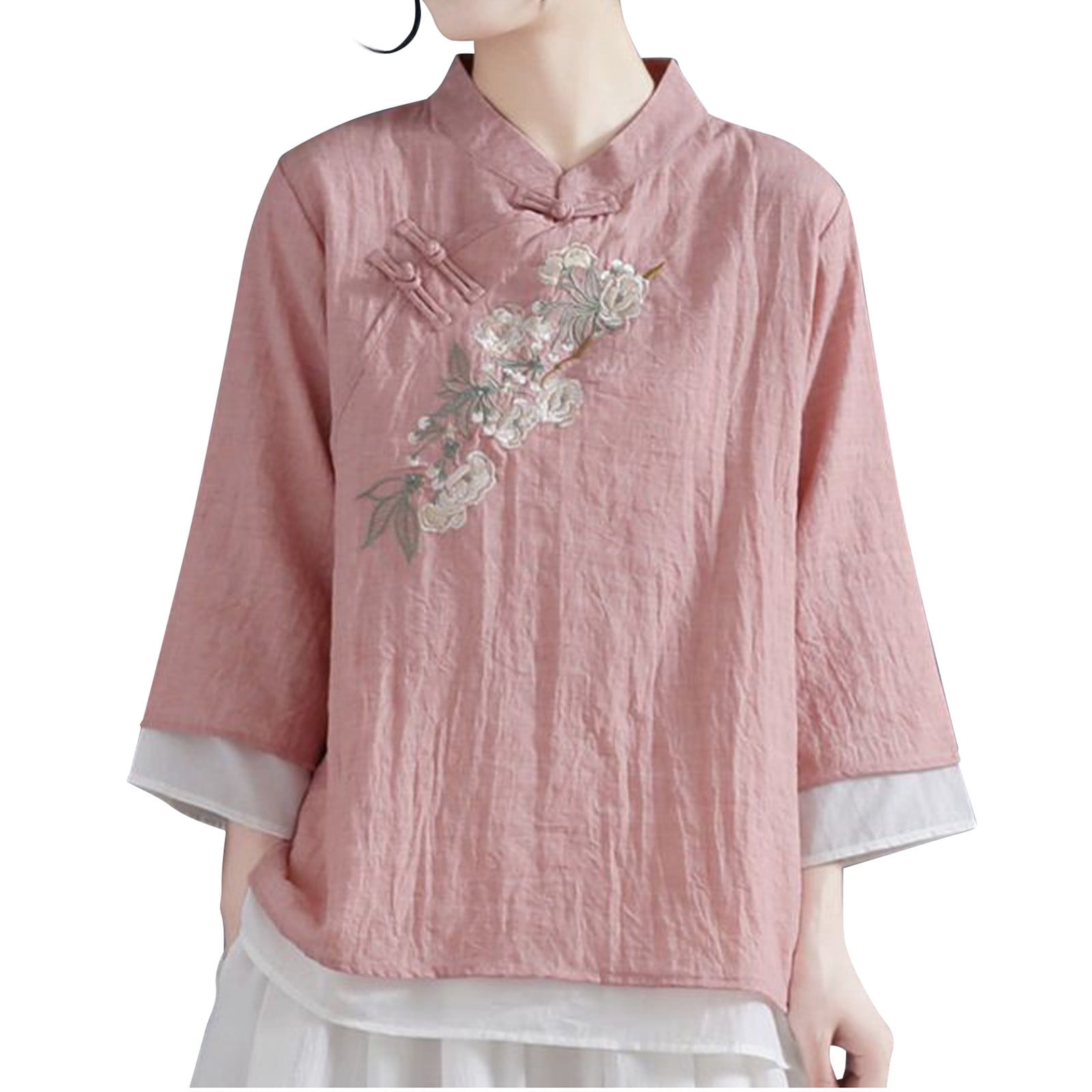 Chinese Style Orange Stand Collar Print Linen Blouse Top Half Sleeve