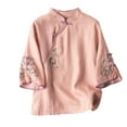 thumbnail image 1 of Simua Women Summer 3/4 Sleeve Chinese Blouse Top Traditional Mandarin Collar Ethnic Cotton Linen Qipao Shir Pink,M2, 1 of 4