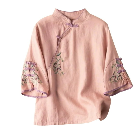 Simua Women Summer 3/4 Sleeve Chinese Blouse Top Traditional Mandarin Collar Ethnic Cotton Linen Qipao Shir Pink,M2