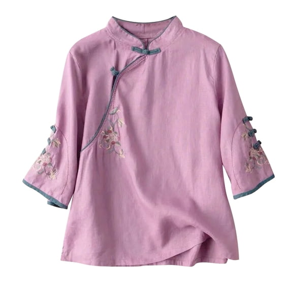 Simua Women Summer 3/4 Sleeve Chinese Blouse Top Traditional Mandarin Collar Ethnic Cotton Linen Qipao Shir Purple,XXXXL6