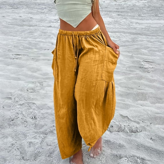 Simua Women Summer Beach Vacation Pants High Waisted Wide Leg Pants Solid Color Loose Flowy Casual Palazzo Lounge Trousers