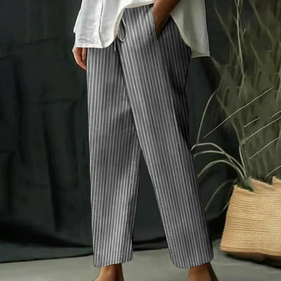 Simua Women Summer Thin Long Pants Striped Loose Leg Casual High Waisted Baggy Pants with Pockets