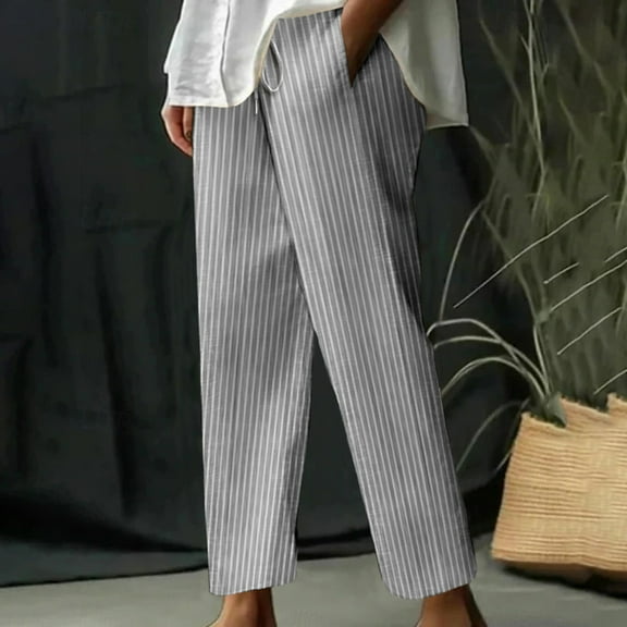 Simua Women Summer Thin Long Pants Striped Loose Leg Casual High Waisted Baggy Pants with Pockets
