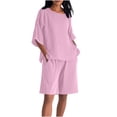 thumbnail image 1 of Simua Women's 2 Piece Set Faux Cotton Linen Outfit Loose Fashion Solid Color Round Neck 3/4 Sleeve Tops and Bermuda Shorts Lounge Set, 1 of 9