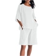 thumbnail image 1 of Simua Women's 2 Piece Set Faux Cotton Linen Outfit Loose Fashion Solid Color Round Neck 3/4 Sleeve Tops and Bermuda Shorts Lounge Set, 1 of 9