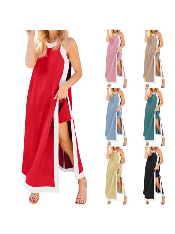 Women's 2 Piece Sets Boho Color Block Sleeveless Maxi Dress Matching Shorts with Pockets