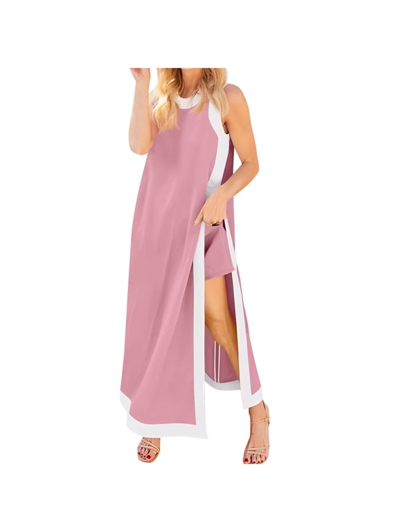Women's 2 Piece Sets Boho Color Block Sleeveless Maxi Dress Matching Shorts with Pockets