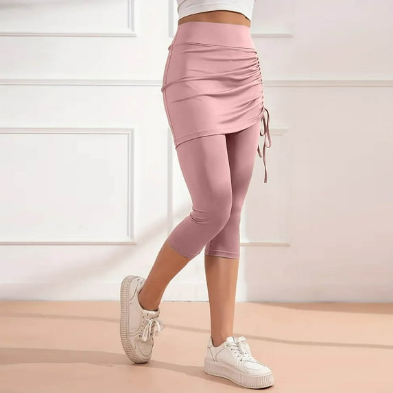 Simua Women's 2 in 1 High Waisted Drawstring Side Ruched Skirted Leggings Slim Fit Workout Yoga Pants