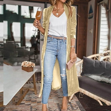 Simua Women's 2024 Trendy Long Velvet Jacket Open Front Long Sleeve Mid-Length Coats with Pockets