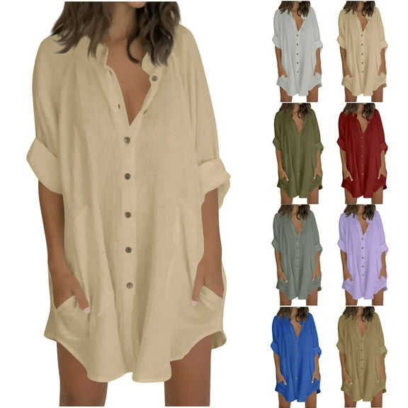 Simua Women's 3/4 Sleeve Beach Cover Ups Button Down Oversized Tunic Shirts Boho Dresses with Pockets