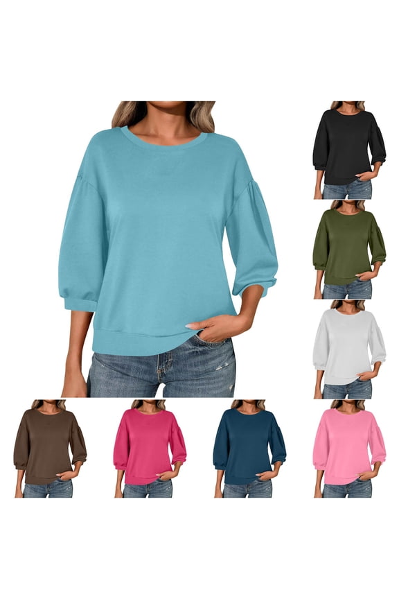 Women's 3/4 Sleeve Shirts Solid Color Round Neck Drop Shoulder Blouses Loose Basic Tunic Tops
