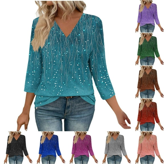 Simua Women's 3/4 Sleeve Tops Dressy Casual Business Work Blouses V Neck Floral Printed Office Shirts