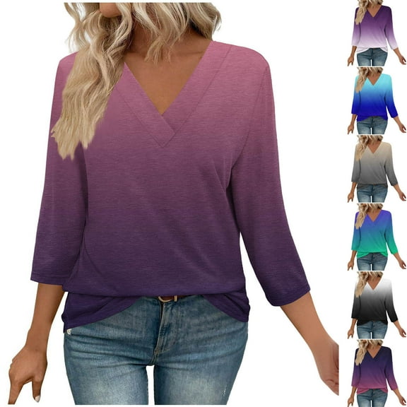 Simua Women's 3/4 Sleeve Tops Dressy Casual Business Work Blouses V Neck Gradient Color Office Shirts