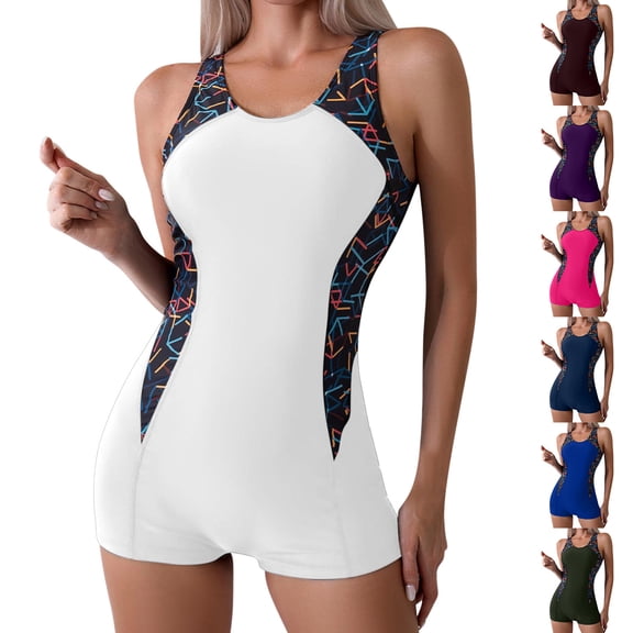 Simua Women's Athletic Boyshorts One Piece Bathing Suit Training Splicing Swimsuits Modest Sporty Swimwear for Beach Pool Party