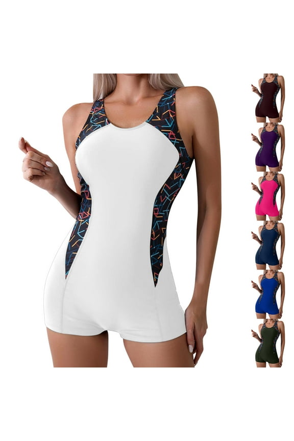 Simua Women's Athletic Boyshorts One Piece Bathing Suit Training Splicing Swimsuits Modest Sporty Swimwear for Beach Pool Party