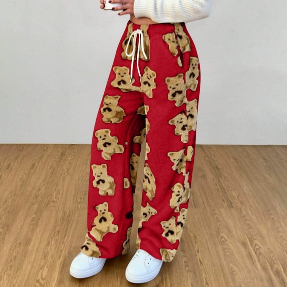 Simua Women's Bear Print Fleece Pants - Cute Animal Pattern Elastic Waist Pants with Pockets, S-XXL