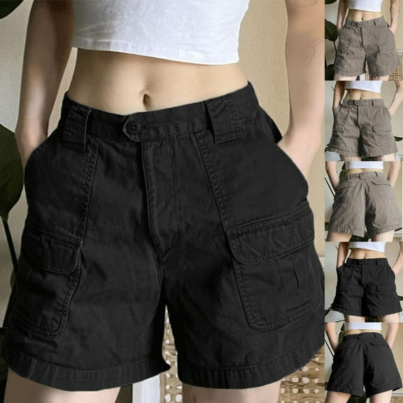 Simua Women's Bermuda Cargo Shorts 0 Pockets Solid Color Elastic Waist Shorts for Summer