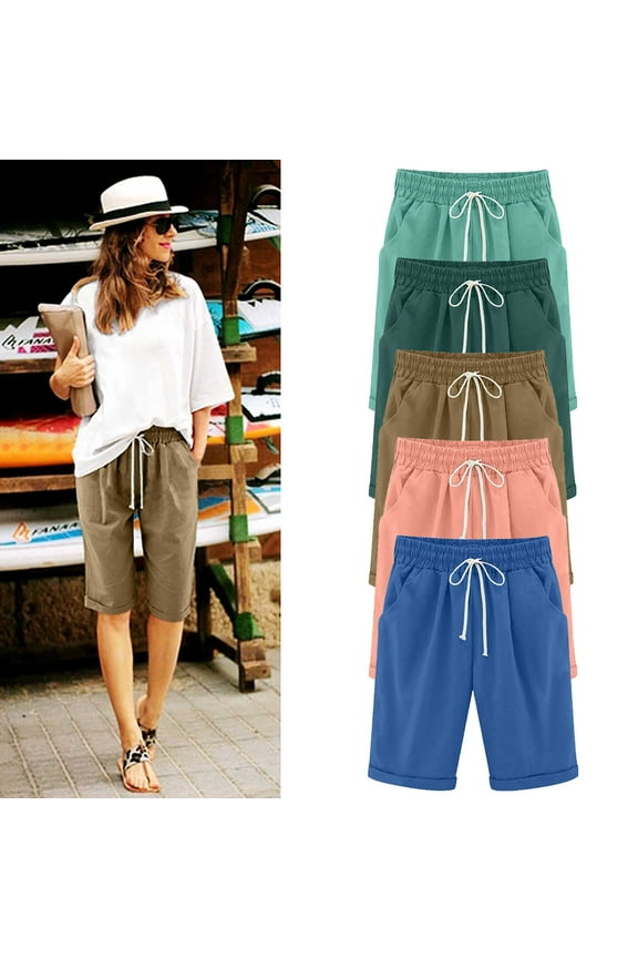 Simua Women's Bermuda Shorts Casual High Waist Drawstring Loose Pocket Solid Color Summer Shorts