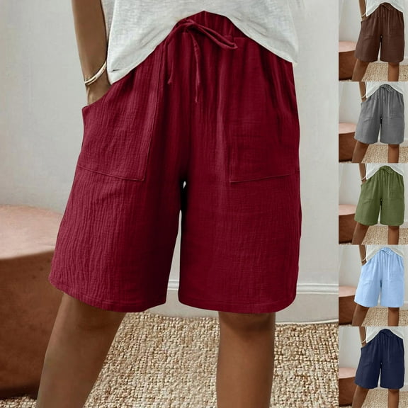 Simua Women's Bermuda Shorts Summer Solid Color Casual Elatsic Waist Drawstring Beach Shorts