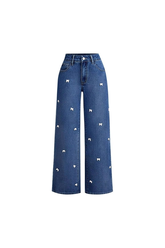 Women's Bow Embroidered Baggy Jeans Comfortable Casual Elastic Wide Leg Denim Trousers with Pockets
