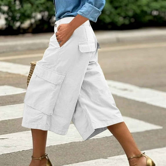 Simua Women's Capri Cargo Pants Casual Below Knee H-line High Waist Relaxed Fit Cropped Pants with Pockets