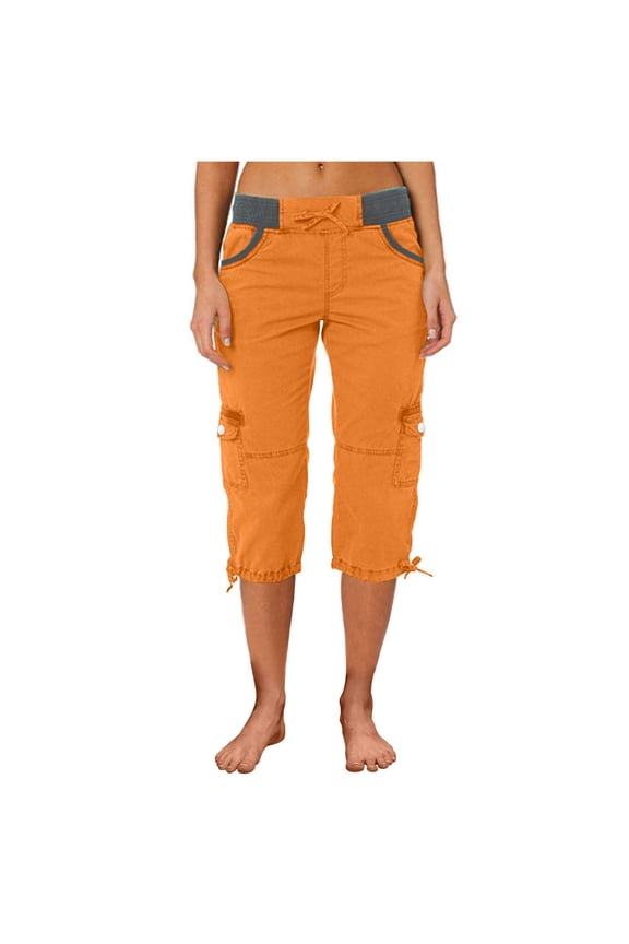 Women's Capri Cargo Pants Casual Solid Color Drawstring High Waist Cropped Pants with Pockets