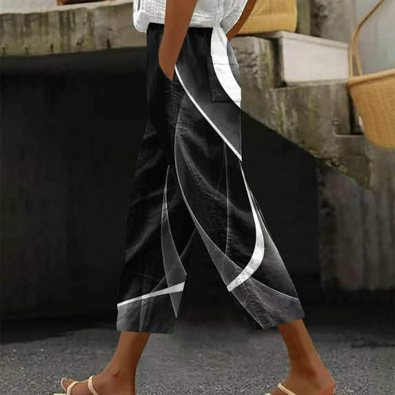 Simua Women's Capri Pants Summer Casual Beach Drawstring Elastic Waist Loose Print Cropped Trousers
