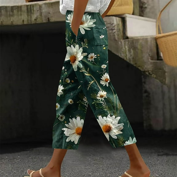 Simua Women's Capri Pants Summer Casual Beach Drawstring Elastic Waist Loose Print Cropped Trousers