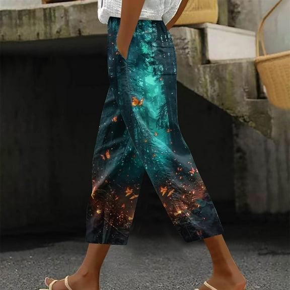 Simua Women's Capri Pants Summer Casual Beach Drawstring Elastic Waist Loose Print Cropped Trousers