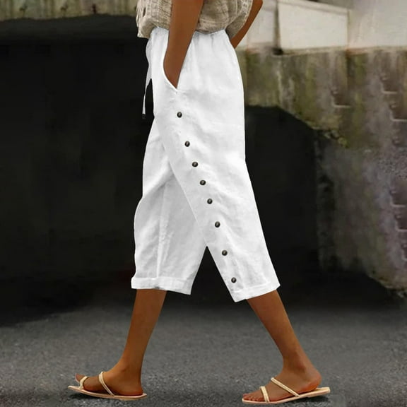 Simua Women's Capri Pants Summer Casual Drawstring Elastic Waist Loose Side Button Striped Cropped Trousers