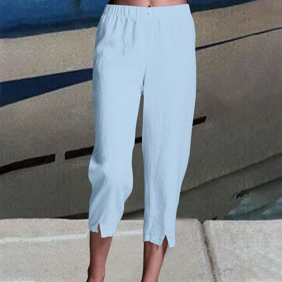 Simua Women's Capris Pants Cotton Linen Casual Summer Straight Leg Loose Elastic Waist Cropped Trousers